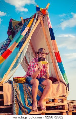 Love Makes A Cottage A Castle. Cozy Play Tent For Man On Nature Over Sky Background - Isolated. Morn