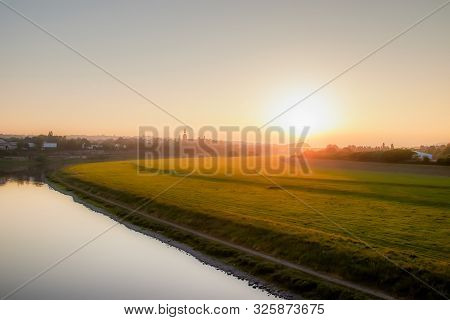 Panorama Of The River Elbe Near Dresden In The Evening Light Photographed From The Flügelweg Bridge.