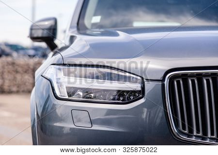 France Lyon 2019-06-18 Closeup Front Part Of Car, Bumper Of Sedan Premium Volvo Xc90 With Eu Licence