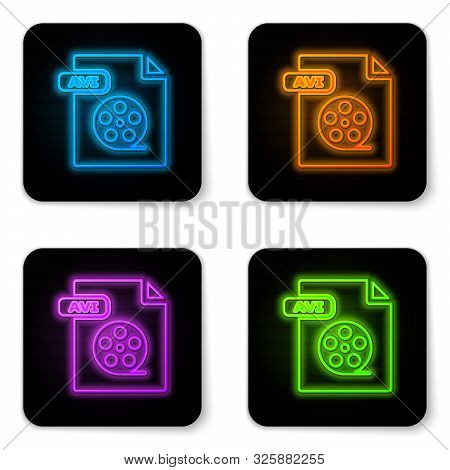 Glowing Neon Avi File Document. Download Avi Button Icon Isolated On White Background. Avi File Symb