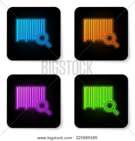 Glowing Neon Search Barcode Icon Isolated On White Background. Magnifying Glass Searching Barcode. B