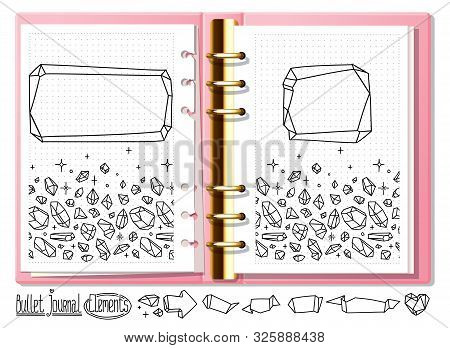 Bullet Journal Crystal Doodles. Hand Drawn Gemstones For Notebook, Diary. Doodles In Open Notebook.