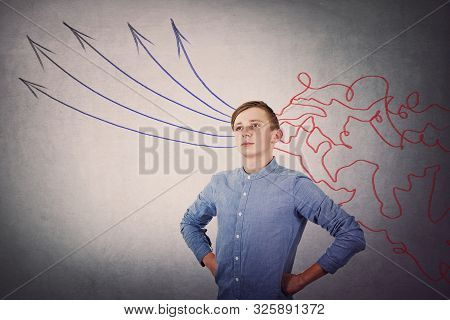 Confident Student Boy Looking Up Pensive. Concept Of Information Processing, Focused Teenager Transf