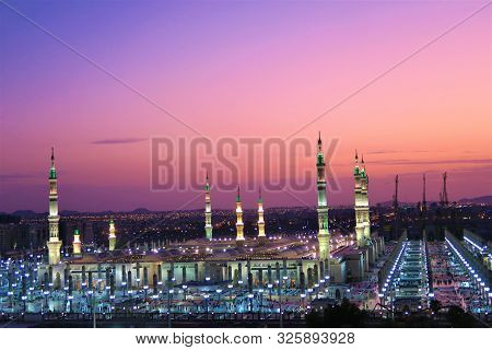 Wonderful View Of Masjid An Nabi Mosque With Beautiful Domes At Sunset. Travelling To Medina.
