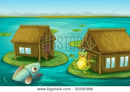 Illustraton bungalow sull'acqua con una rana e un pesce