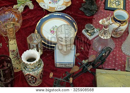 Athens, Greece - August 14, 2016: Antique Objects And Porcelain Phrenological Bust With Areas Of The