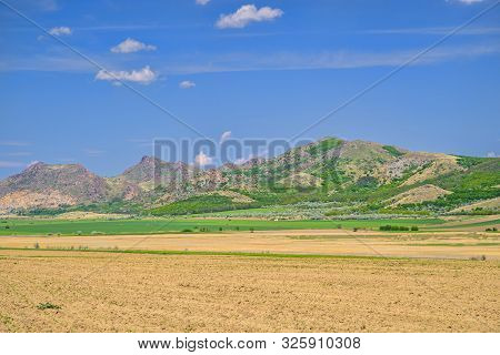 Summer Landscape Of Arid Hills, Eroded Mountains Of Macin In Romania.