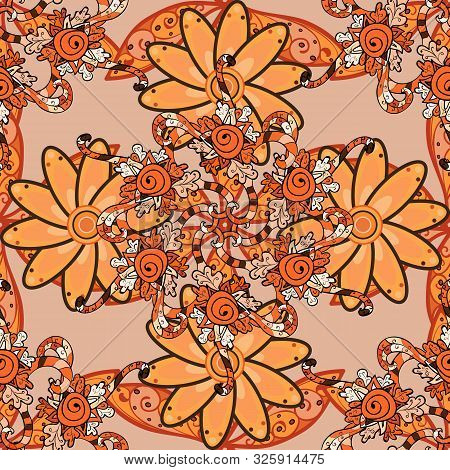 Flowers On Beige, Black And Orange Colors. Gentle, Nice Floral Background. Vector Floral Pattern In 