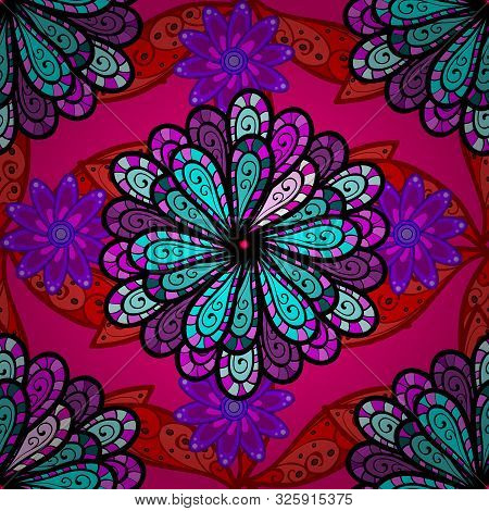 On Magenta, Red And Black Backdrop. Vector Seamless Pattern With Hand Drawn Doodle Flowers. Cute Flo