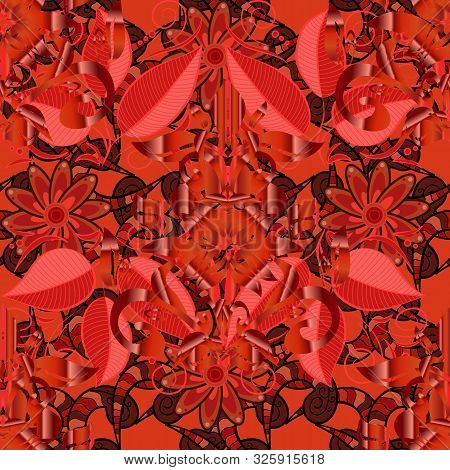 Fabric Pattern Texture Daisy Flowers Detail. Flowers On Red, Pink And Orange Colors.