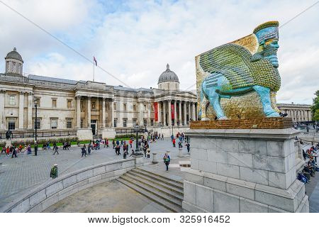 London - October 4, 2019: Lamassu On Trafalgar Square - Sculpture Of Cans By Michael Rakowitz
