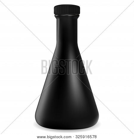 Black Bottle. Glass Jar Mockup. Vector Container Blank. Realistic Liquour Cocktail Cone Pot. Screw C