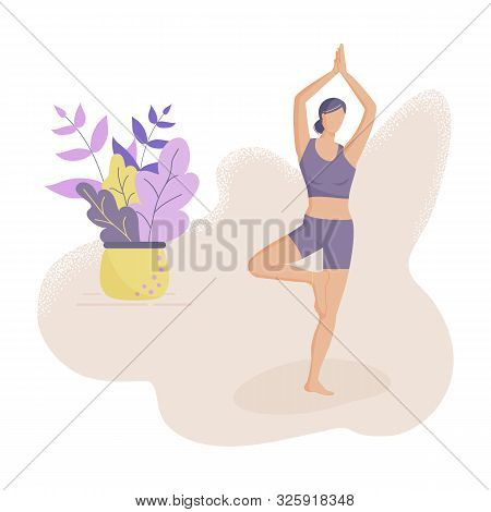 Trendy Concept Of Fitness Class:cute Girl Standing In Yoga Tree Pose.flat Funky Figures Style.decora