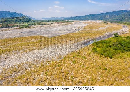 landscape of golden miscanthus with mountain and river under sky