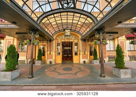 SAINT PETERSBURG, RUSSIA - CIRCA AUGUST, 2017: entrance to the Belmond Grand Hotel Europe located in Saint Petersburg.