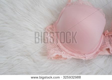 Detail Of Dlicate Pink Bodice With Lace On White Fur. Underwear, Fashion Concept. Close Up
