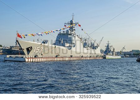Saint Petersburg, Russia -  July 26, 2019: Chinese Navy Guided-missile Destroyer Xian (153) Ready To