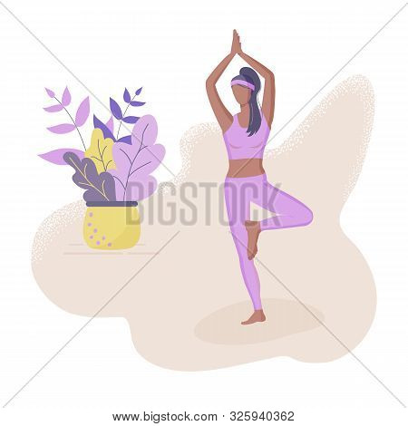 Trendy Concept Of Fitness Class:cute Black Girl Standing In Yoga Tree Pose.flat Funky Figures Style.