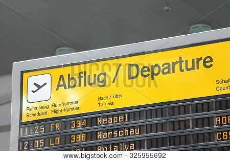 Berlin Germany - June 12, 2019: Flight Departure Schedule Board Tegel Airport Berlin Germany