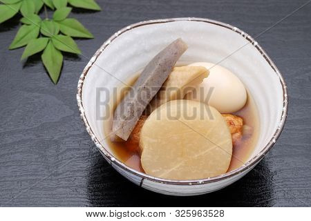 Japanese Food, Oden In A Bowl On Black Table