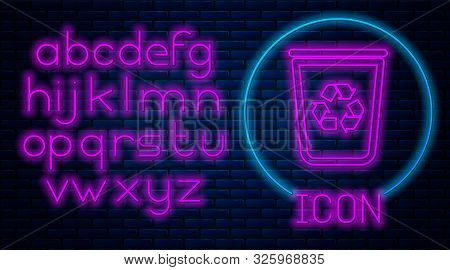 Glowing Neon Recycle Bin With Recycle Symbol Icon Isolated On Brick Wall Background. Trash Can Icon.