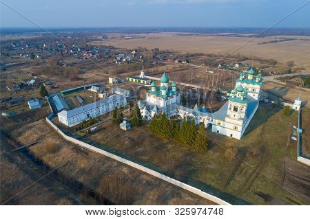 Temples Of The Old Nikolo-vyazhishchi Monastery On An April Sunny Evening (aerial Photography). Vyaz