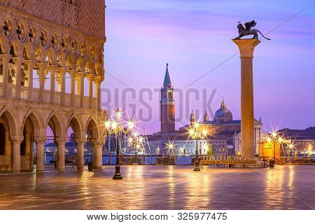 Doge Palace And Column Of San Marco On Piazzeta San Marco At Sunrise In Venice, Italy. San Giorgio D