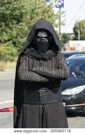 Corby, U.k. September 14, 2019 - A Man In Costume Darth Vader At British Fire Engine Open Day Family