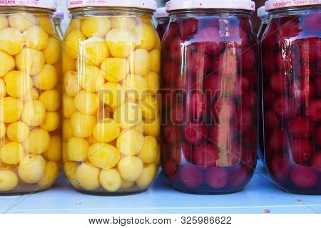White And Red Cherry Compote. Organic Homemade Canned Food