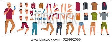 Male Character Constructor. Cartoon Hipster Animation Kit With Different Clothes Body Parts And Gest