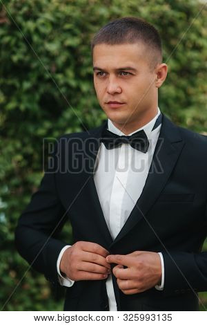 Handsome Groom Dressed His Wedding Blazer. Autumn Weather