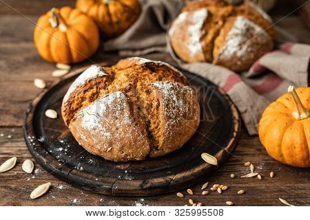 Pumpkin Bread. Homemade Wholemeal Rye Yeast-free Bread With Pumpkins