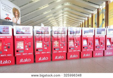 Rome Italy - June 13, 2019: Termini Train Station Ticket Vending Machine Rome Italy