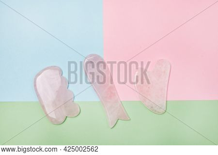 Cosmetic Massage Pink Jade Gua Sha Scrapers For Facial And Body Skin Care Spa And Beauty Concept Yel