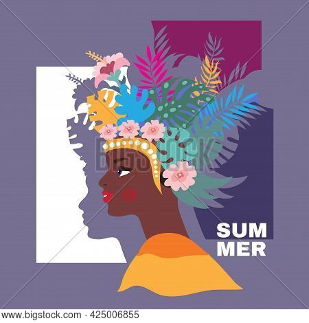 Summer Concept Design  With  Pretty Women,  Palm Trees, Tropical Leaves And Flowers. Exotic Modern  
