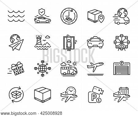 Vector Set Of Delivery Service, Departure Plane And Parking Garage Line Icons Set. Flight Time, Pape