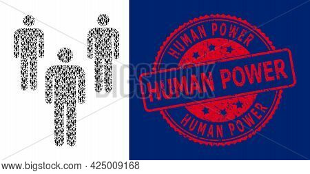 Human Power Textured Round Stamp Seal And Vector Recursion Mosaic Men. Red Stamp Contains Human Powe