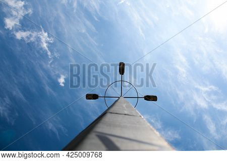 Spaceship In Outer Space. Long Metal Beam With A Special Electronic Antenna At The End On The Backgr