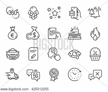 Vector Set Of Hold Document, Stars And Reject Line Icons Set. Time Change, Typewriter And Taxi Icons