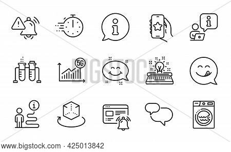 Technology Icons Set. Included Icon As 5g Statistics, Laundry, Chemistry Beaker Signs. Favorite App,