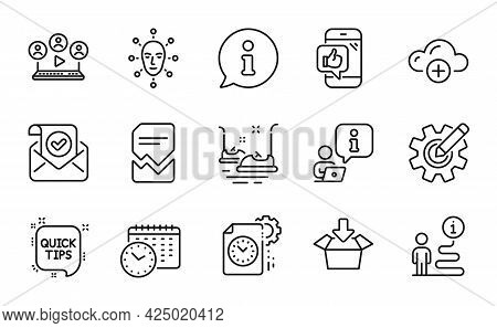 Technology Icons Set. Included Icon As Mobile Like, Confirmed Mail, Face Biometrics Signs. Calendar 