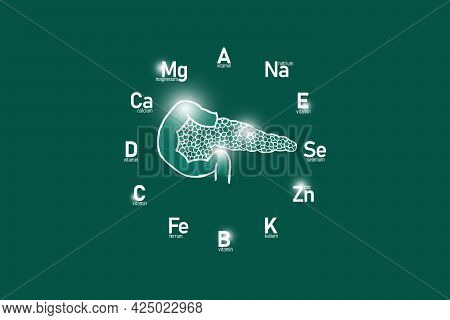Stylized Clockface With Essential Vitamins And Microelements For Human Health, Hand Drawn Human Panc