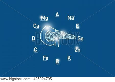 Stylized Clockface With Essential Vitamins And Microelements For Human Health, Hand Drawn Human Panc
