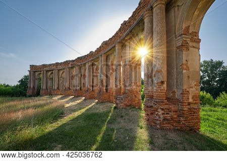 Columns Of Ruined Castle Belorussian Tourist Attraction In Ruzhany Village, Brest Region, Belarus.