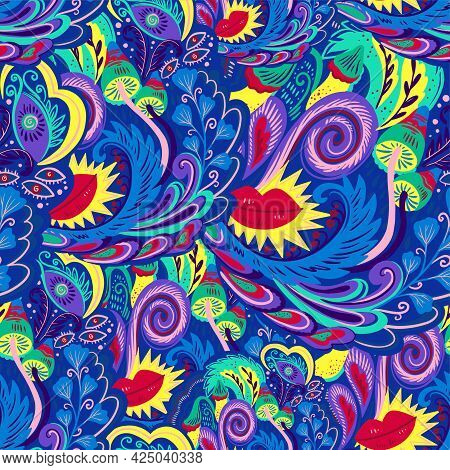 Colorful Seamless Pattern With Crazy Psychedelic Organic Abstract Elements, Print With Plant And Mus