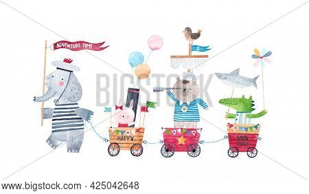 Cute animals play sea adventure. Children's party of friends. Cute poster. Painting for the children's room. Isolated on white background.