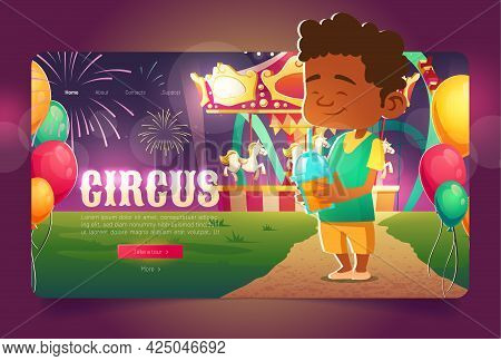 Circus Cartoon Landing Page, Kid With Cocktail In Amusement Park With Merry-go-round Carousel And Ro