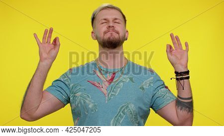 Keep Calm Down, Relax, Inner Balance. Lovely Stylish Tourist Guy Breathes Deeply With Mudra Gesture,