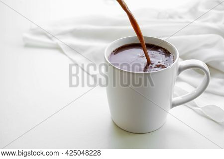 Chocolate Milk Cup, Flat Lay Hot Coco On White Background With Copy Space, Healthy Drink For Breakfa