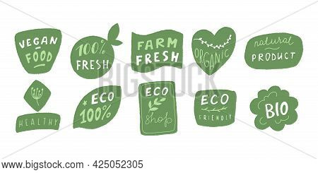 Eco Badge Set In Handraw Style. Organic Logo. Vegan Product Labels, Natural Food And Eco Vegetables 